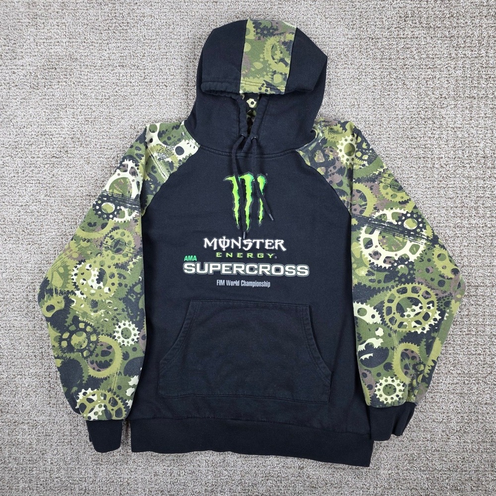 Monster Energy AMA Supercross Hoodie Mens Medium Black Camo Gears Pullover‎